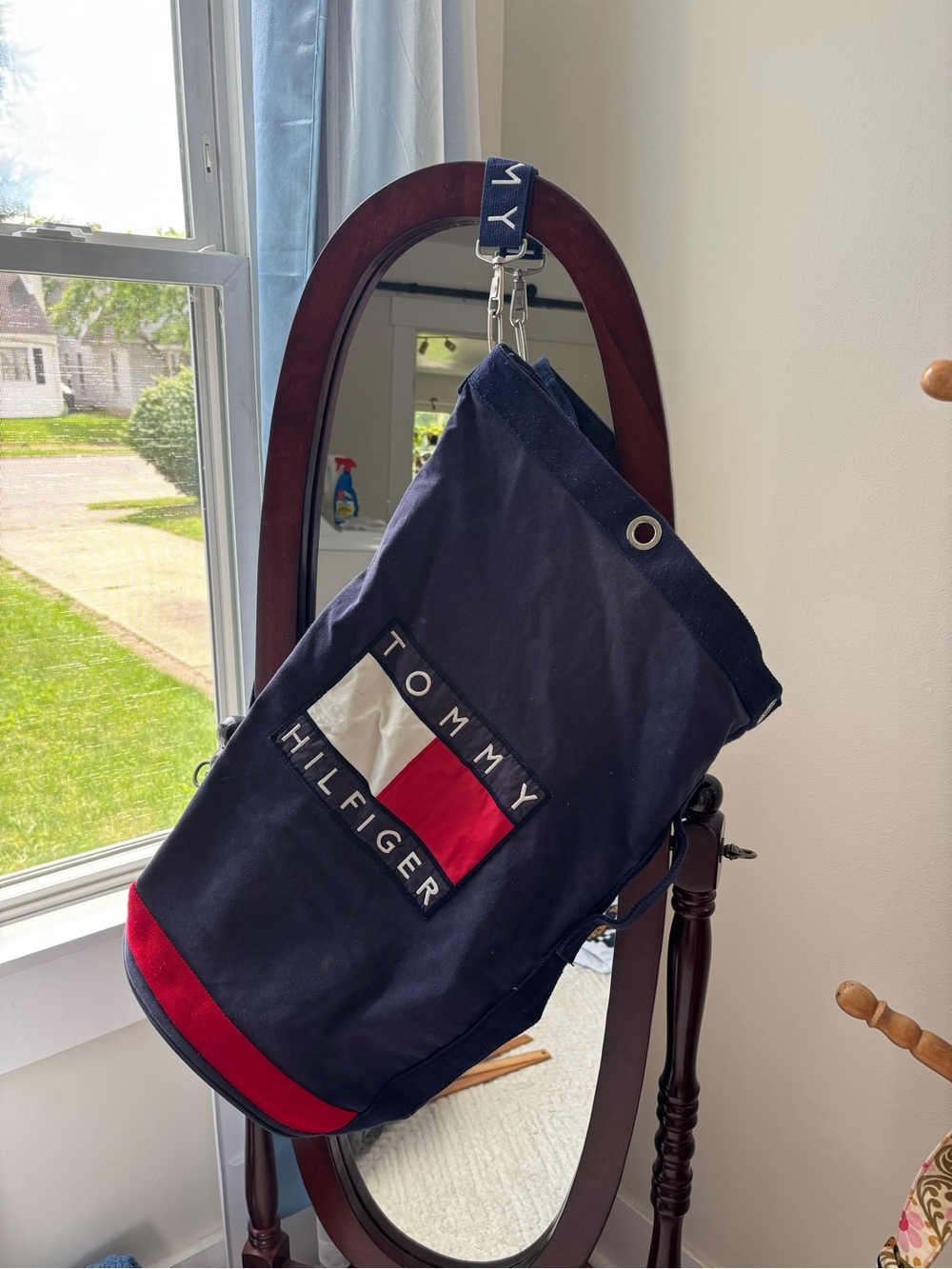 90s retro Tommy Hilfiger Navy Canvas Duffle Bag with Signature Flag